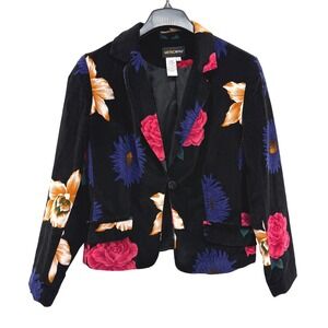 Metrostyle Blazer Womens 10 Pre-Owned Black Floral Velvet 1-Button Lined Jacket
